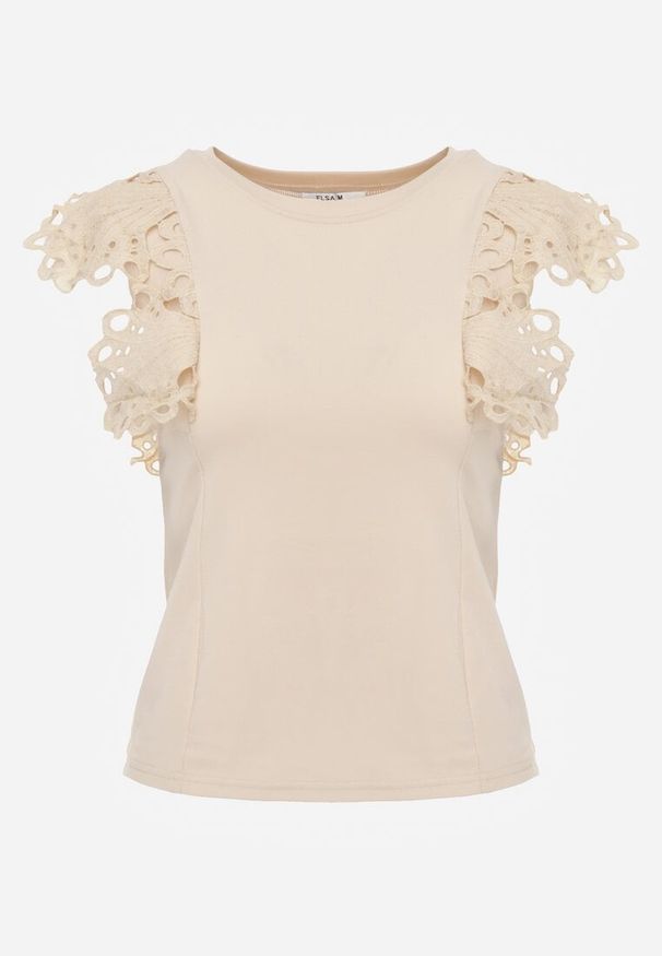 Renee - Jasnobeżowy Top z Bawełny z Ozdobną Koronką Adexis. Kolor: beżowy. Materiał: bawełna, koronka. Wzór: koronka. Sezon: wiosna, lato