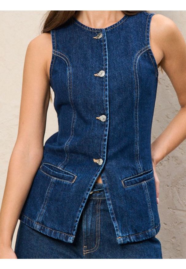 Sinsay - Kamizelka jeansowa - niebieski. Kolor: niebieski. Materiał: jeans