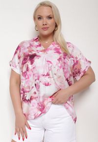 Born2be - Różowo-Biała Koszulowa Bluzka z Bawełną i Ozdobnym Rękawem Risselle. Kolor: różowy. Materiał: bawełna #5