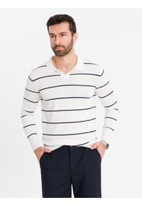 Ombre Clothing - Męski longsleeve polo w poziome paski z wiskozą – biało-granatowy V2 OM-POLS-0146 - XXL. Okazja: do pracy, na co dzień. Typ kołnierza: polo. Kolor: biały. Materiał: wiskoza. Długość rękawa: długi rękaw. Długość: długie. Wzór: paski. Styl: elegancki, casual #5