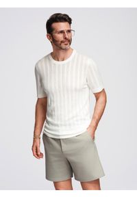 Ombre Clothing - Męski ażurowy sweter z okrągłym dekoltem i krótkim rękawem – biały V1. Kolor: biały. Materiał: prążkowany, elastan, dzianina, nylon, wiskoza. Długość rękawa: krótki rękaw. Długość: krótkie. Wzór: ażurowy. Styl: elegancki #1