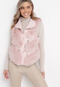 Born2be - Różowa Futrzana Kamizelka z Kołnierzem z Imitacji Skóry Pharina. Kolor: różowy. Materiał: skóra, futro #3