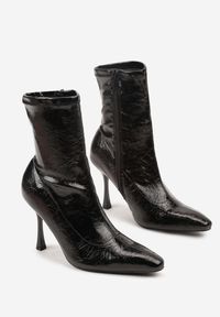 Born2be - Czarne Eleganckie Botki Vices na Szpilce z Tłoczoną Cholewką do Kostki Tedvire. Okazja: na spotkanie biznesowe, do pracy. Kolor: czarny. Materiał: jeans. Szerokość cholewki: normalna. Sezon: jesień. Obcas: na szpilce. Styl: elegancki. Wysokość obcasa: średni