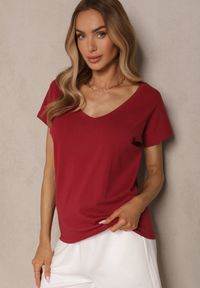 Renee - Bordowy T-shirt z Bawełny z Dekoltem w Serek Linithiela. Okazja: na co dzień. Typ kołnierza: dekolt w serek. Kolor: czerwony. Materiał: bawełna. Styl: casual #4
