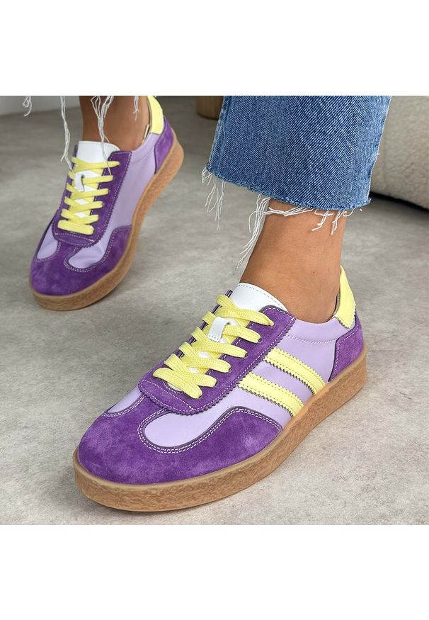 Fioletowe skórzane półbuty damskie S.Barski 7059. Okazja: na co dzień. Zapięcie: sznurówki. Kolor: fioletowy. Materiał: skóra. Szerokość cholewki: normalna. Sezon: wiosna, jesień, lato. Styl: casual, elegancki, klasyczny