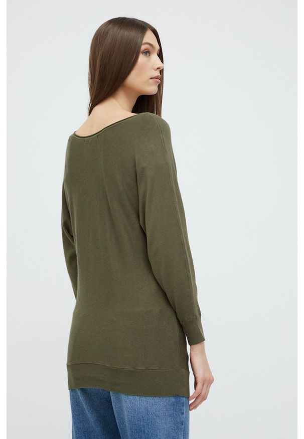Guess sweter damski kolor zielony lekki. Okazja: na co dzień. Kolor: zielony. Materiał: materiał, wiskoza. Długość rękawa: raglanowy rękaw. Wzór: aplikacja. Styl: casual