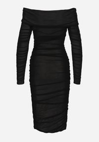 Born2be - Czarna Marszczona Sukienka Siateczkowa Hiszpanka z Wywiniętym Dekoltem Tinaveris. Typ kołnierza: dekolt hiszpanka. Kolor: czarny. Długość rękawa: długi rękaw. Sezon: lato. Styl: elegancki, klasyczny #3