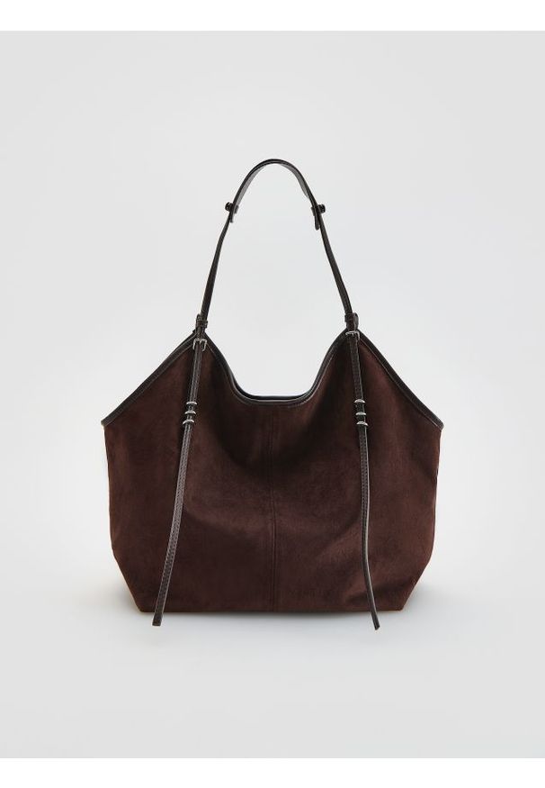 Reserved - Torebka shopper - ciemnobrązowy. Kolor: brązowy. Materiał: zamszowe