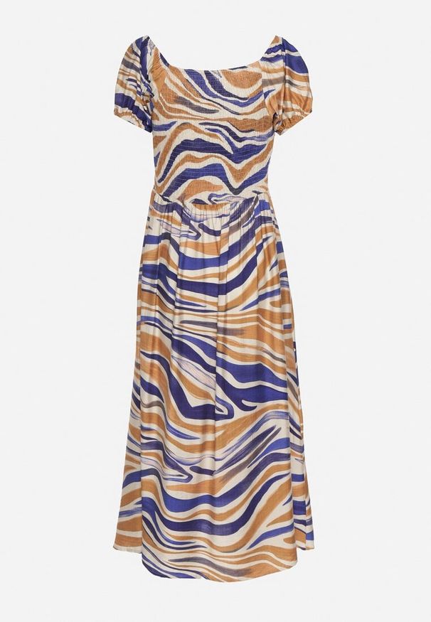 Born2be - Niebieska Rozkloszowana Sukienka z Wiskozą i Bawełną Wykończona Gumką na Plecach Dimillia. Okazja: na co dzień. Kolor: beżowy. Materiał: bawełna, wiskoza. Sezon: lato. Styl: casual, elegancki