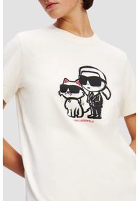 Karl Lagerfeld - KARL LAGERFELD Beżowy damski t-shirt Ikon Sketch Duo, Rozmiar XS. Kolor: beżowy. Materiał: materiał. Wzór: nadruk