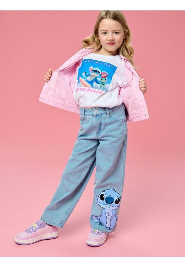 Sinsay - Jeansy wide leg z nadrukiem Lilo & Stitch - niebieski. Kolor: niebieski. Wzór: nadruk