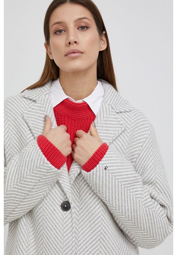 TOMMY HILFIGER - Tommy Hilfiger Płaszcz z domieszką wełny kolor szary przejściowy. Okazja: na co dzień. Kolor: szary. Materiał: wełna. Styl: klasyczny, casual