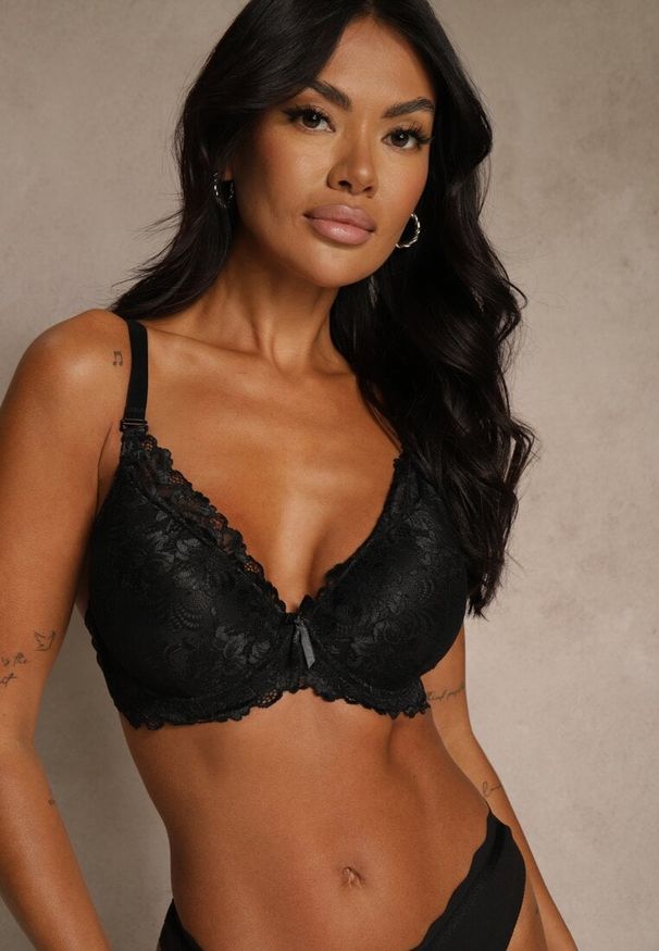 Renee - Czarny Koronkowy Biustonosz w Klasycznym Stylu Coralee. Kolor: czarny. Materiał: koronka. Wzór: aplikacja, gładki