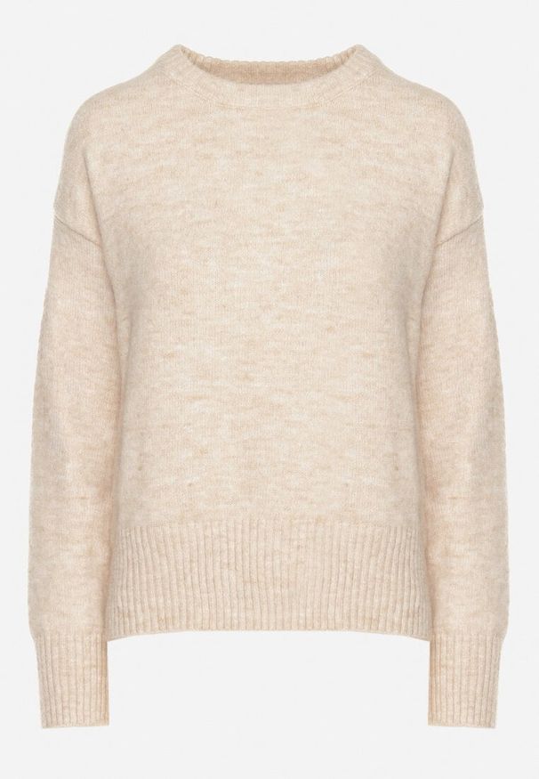Born2be - Beżowy Sweter o Klasycznym Fasonie z Wełną Avartissa. Kolor: beżowy. Materiał: wełna. Wzór: geometria, aplikacja. Styl: klasyczny