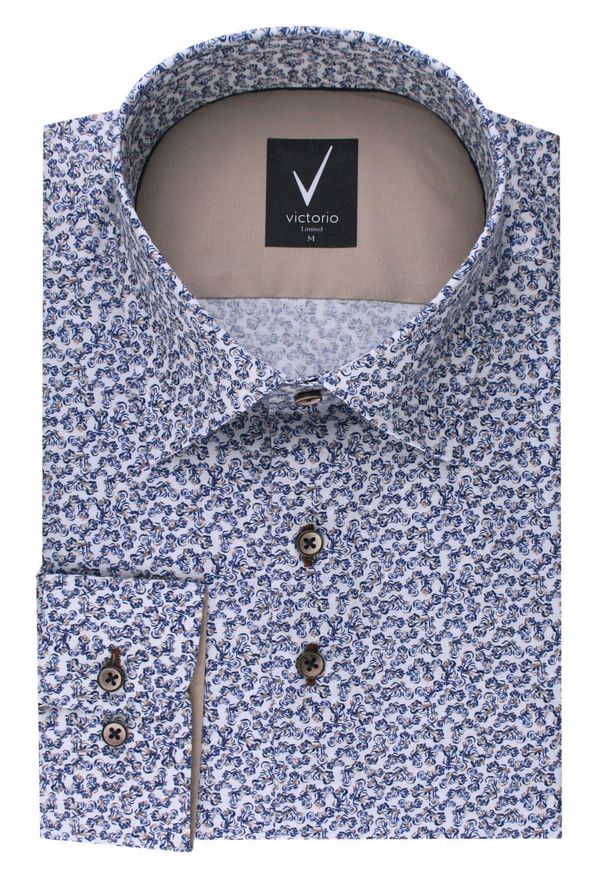 Elegancka, Męska Koszula, Taliowany Krój - Victorio - Drobny Wzór w Motory. Kolor: wielokolorowy. Materiał: bawełna, elastan. Styl: elegancki
