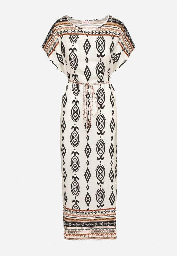 Born2be - Biała Pudełkowa Sukienka z Wiskozy w Etniczny Wzór Mirosela. Okazja: na co dzień. Kolor: biały. Materiał: wiskoza. Długość rękawa: krótki rękaw. Styl: klasyczny, casual, elegancki