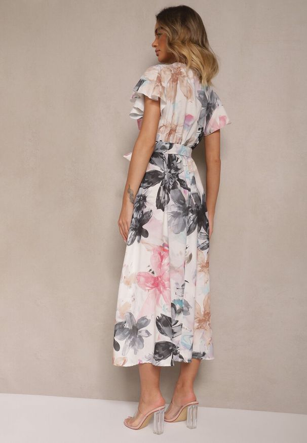 Renee - Biało-Czarna Kopertowa Sukienka z Wiązanym Paskiem w Kwiatowy Wzór Redellira. Okazja: na co dzień. Typ kołnierza: dekolt w kształcie V. Kolor: czarny. Wzór: kwiaty. Typ sukienki: kopertowe. Styl: casual, klasyczny