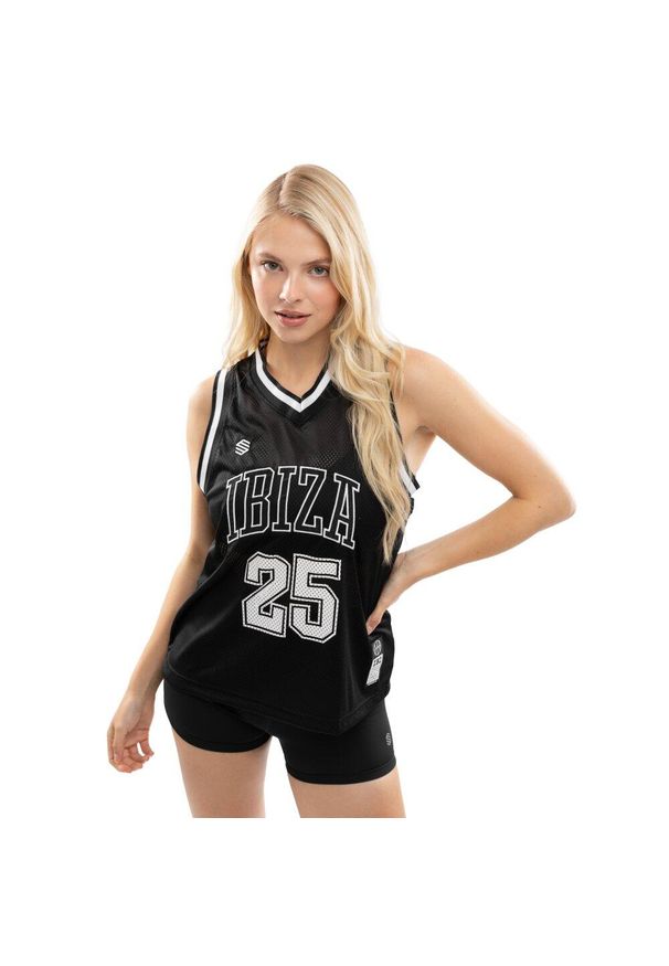 SIROKO - Damska koszulka koszykarska Lifestyle Siroko IBZ Destí Black. Typ kołnierza: dekolt w kształcie V. Kolor: czarny. Materiał: tkanina, prążkowany. Długość rękawa: bez rękawów. Sport: koszykówka