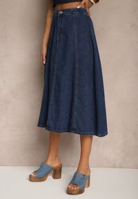 Renee - Granatowa Bawełniana Spódnica Jeansowa o Rozkloszowanym Kroju Bialitta. Kolor: niebieski. Materiał: bawełna, jeans #3