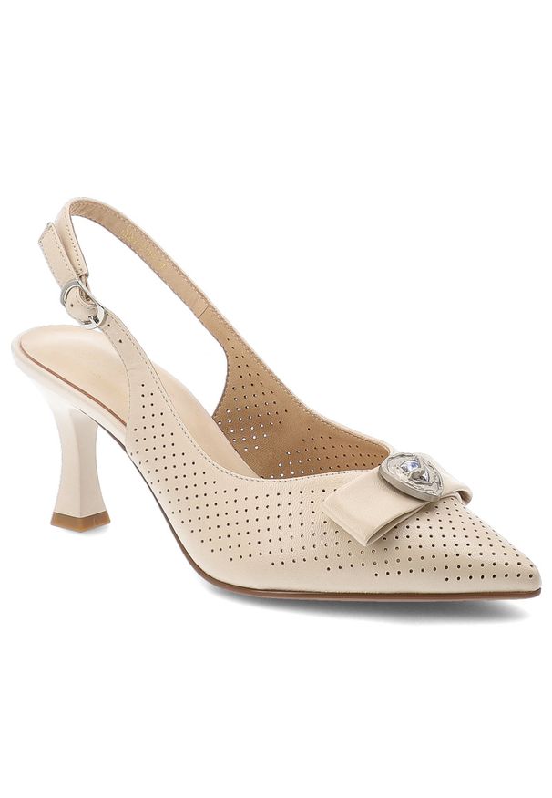 Czółenka damskie S.Barski, skóra naturalna ażurowa cholewka fason slingback regulowany pasek wysoki obcas ozdobna aplikacja, beżowe, CR61-3119. Zapięcie: pasek. Kolor: beżowy. Materiał: skóra. Szerokość cholewki: normalna. Wzór: ażurowy, aplikacja. Obcas: na obcasie. Wysokość obcasa: wysoki