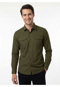 Brave Soul - Oliwkowa Męska Koszula Weekendowa, Taliowana -BRAVE SOUL- z Lnem, Casualowa, z Kieszonkami. Okazja: na co dzień. Kolor: oliwkowy. Materiał: wiskoza, len. Styl: casual #3