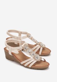 Renee - Beżowe Sandały z Kwiatami w Cyrkonie na Koturnie Asina. Kolor: beżowy. Wzór: kwiaty. Sezon: lato. Obcas: na koturnie #2