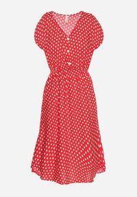 Born2be - Czerwona Sukienka z Gumką w Pasie i Falbanką Romilla. Kolor: czerwony. Materiał: bawełna. Sezon: lato. Styl: wizytowy #6