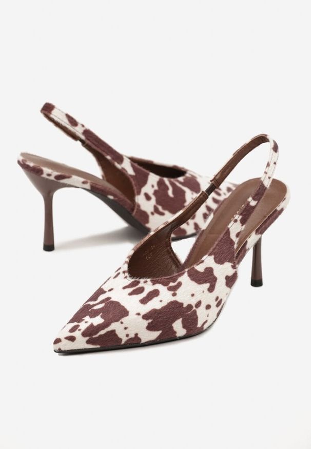 Renee - Brązowe Czółenka Sandały w Krowie Łaty na Szpilce Typu Slingback Addoxie. Okazja: na co dzień, na spacer. Kolor: brązowy. Materiał: materiał, lakier. Obcas: na szpilce. Styl: casual, elegancki. Wysokość obcasa: średni