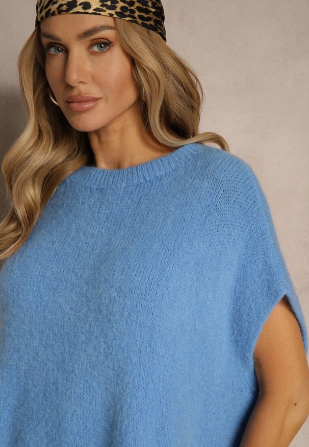 Renee - Niebieski Sweter z Bawełną w Stylu Nietoperza Nilariella. Okazja: na co dzień, do pracy. Kolor: niebieski. Materiał: bawełna. Styl: elegancki, casual