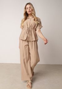 Born2be - Beżowy Wiskozowy Komplet Spodnie i Bluzka Koszulowa z Wiązaniem w Talii Irinryss. Kolor: beżowy. Materiał: wiskoza #8