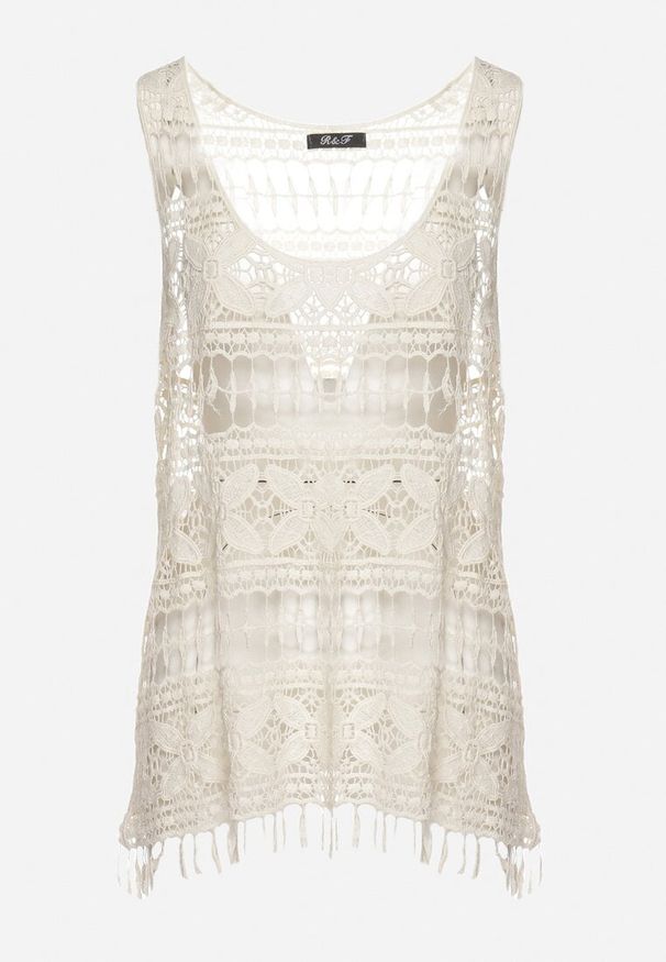 Born2be - Beżowy Bawełniany Ażurowy Top Ozdobiony Frędzlami Dimzina. Okazja: na co dzień. Kolor: beżowy. Materiał: bawełna. Wzór: ażurowy, aplikacja. Styl: casual