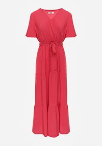 Renee - Czerwona Rozkloszowana Sukienka z Falbanką i Wiązanym Paskiem Adotine. Kolor: czerwony. Materiał: materiał. Sezon: wiosna, lato #6