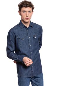 Wrangler - KOSZULA JEANSOWA MĘSKA WRANGLER L/S WESTERN SHIRT DARK INDIGO W5870O61E. Materiał: jeans. Długość rękawa: długi rękaw. Długość: długie. Wzór: jednolity. Styl: elegancki #7