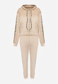 Renee - Beżowy Welurowy Komplet Dresowy Ozdobiony Lampasami w Cętki Anilwo. Kolor: beżowy. Materiał: welur, dresówka. Wzór: aplikacja #8