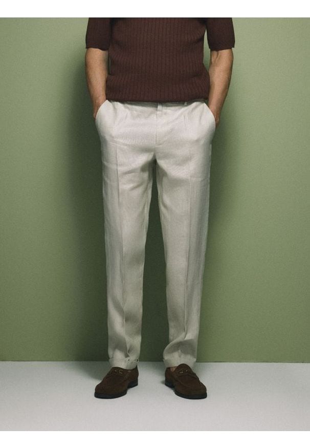 Reserved - Lniane spodnie garniturowe - beżowy. Kolor: beżowy. Materiał: len