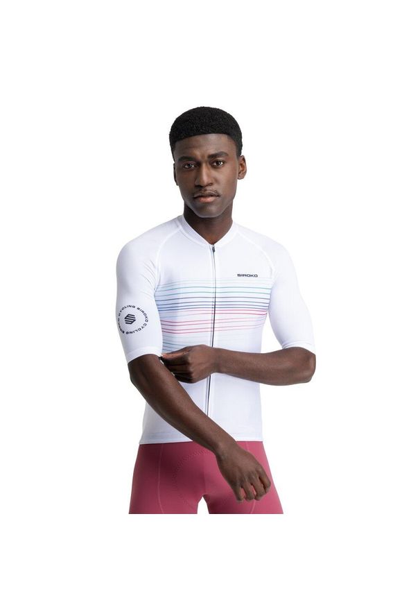 SIROKO - Męska koszulka rowerowa z krótkim rękawem Kolarstwo Siroko M2 Loud. Kolor: biały. Materiał: jersey. Długość rękawa: krótki rękaw. Długość: krótkie. Sport: kolarstwo