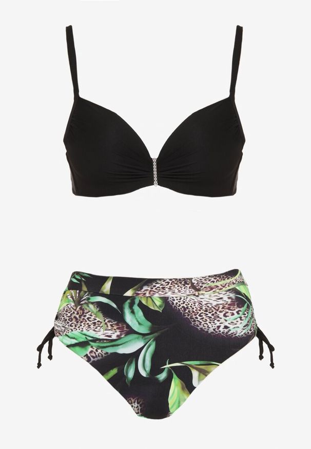 Born2be - Czarne Bikini Biustonosz i Majtki Figi ze Ściągaczami w Tropikalny Wzór Sadeille. Kolor: czarny
