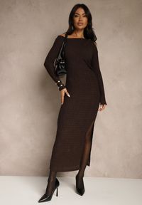 Renee - Brązowa Sukienka o Dopasowanym Kroju Ozdobiona Metaliczną Aplikacją Reittia. Okazja: na imprezę. Kolor: brązowy. Wzór: aplikacja. Sezon: wiosna #4