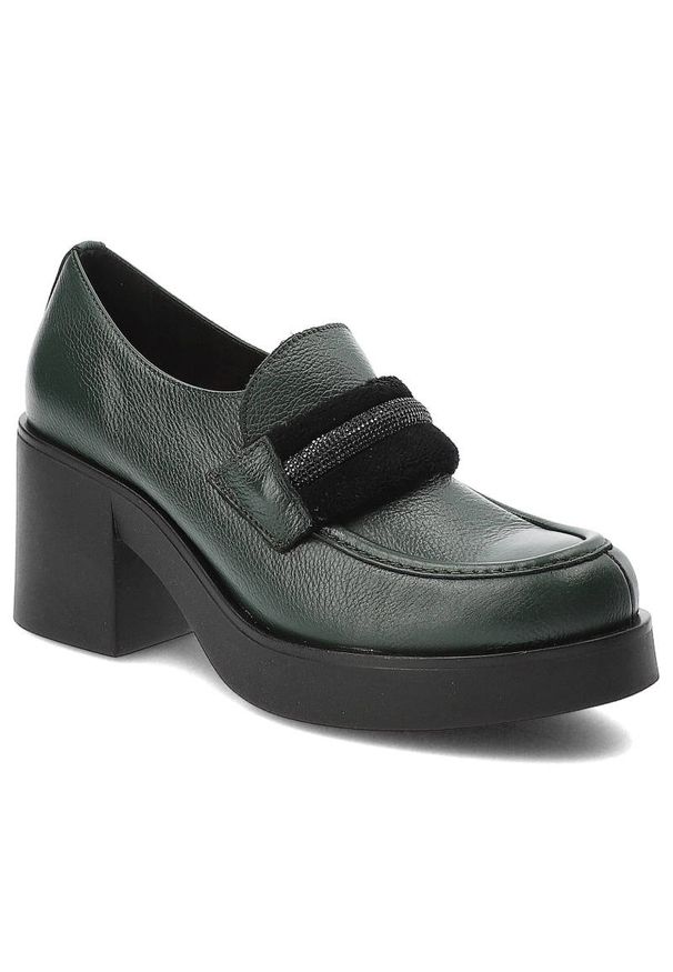 Zielone Półbuty Lemar Wygodne Skórzane Buty na Jesień. Zapięcie: pasek. Kolor: zielony. Materiał: skóra. Sezon: jesień. Obcas: na obcasie. Styl: elegancki. Wysokość obcasa: średni