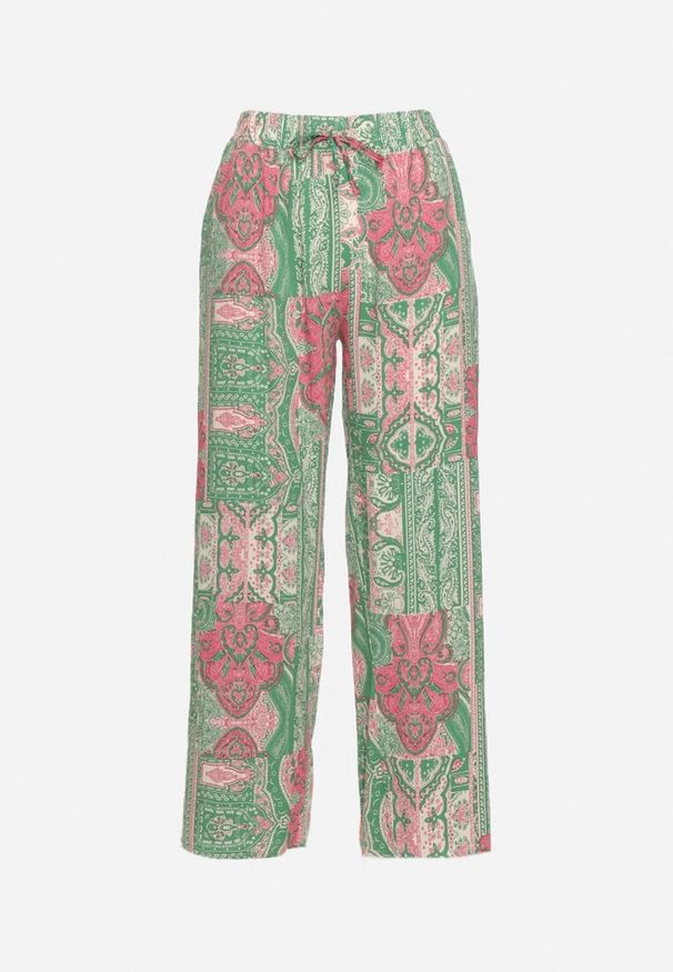 Born2be - Zielono-Różowe Spodnie Palazzo z Wiskozy z Gumką w Talii Lirfea. Okazja: na co dzień. Kolor: zielony. Materiał: wiskoza. Styl: boho, klasyczny, elegancki, casual