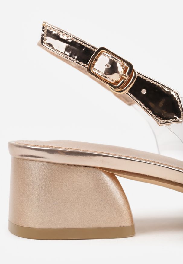 Renee - Szampańskie Transparentne Sandały VICES na Słupku Ozdobione Cyrkoniami i Kwiatem 3D Lagumare. Zapięcie: pasek. Kolor: złoty. Materiał: satyna. Wzór: aplikacja, kwiaty. Obcas: na słupku. Styl: glamour