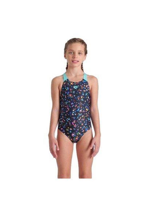 Dziewczęcy jednoczęściowy kostium kąpielowy Arena Confetti Pro. Kolor: czarny, niebieski, wielokolorowy
