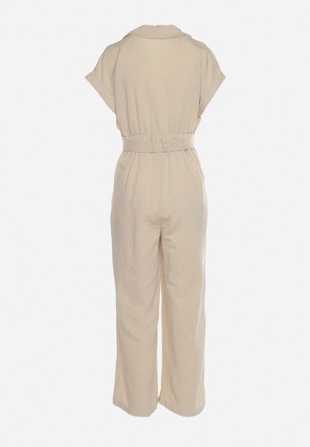 Born2be - Beżowy Kombinezon z Krótkim Rękawem i Szerokimi Nogawkami z Materiałowym Paskiem Floeria. Okazja: na co dzień. Kolor: beżowy. Materiał: materiał. Długość rękawa: krótki rękaw. Długość: krótkie. Styl: wizytowy, casual, elegancki