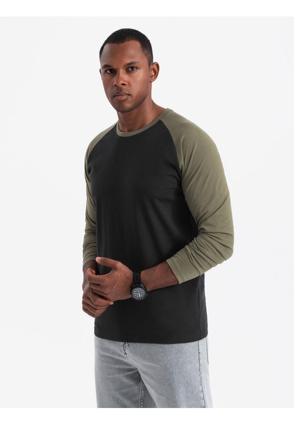 Ombre Clothing - Męski longsleeve z raglanowymi kontrastowymi rękawami – czarno-oliwkowy V3 OM-LSCL-0105 - XXL. Okazja: na co dzień. Kolor: czarny. Materiał: skóra, jersey, dzianina, bawełna, materiał. Długość rękawa: długi rękaw. Wzór: ze splotem. Styl: klasyczny, casual