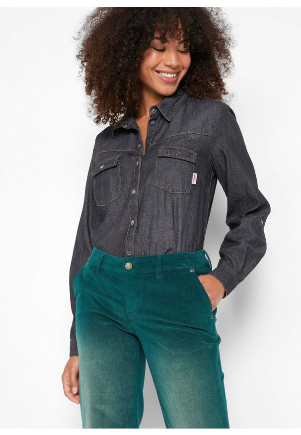 bonprix - Spodnie sztruksowe ze stretchem, wide leg. Kolor: zielony. Materiał: sztruks