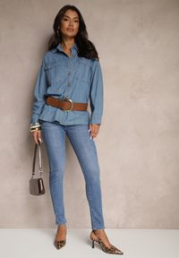 Renee - Niebieskie Jeansy Skinny z Bawełną High Waist Ozdobione Guzikami Felariel. Okazja: na co dzień. Stan: podwyższony. Kolor: niebieski. Wzór: aplikacja. Styl: casual, elegancki #4