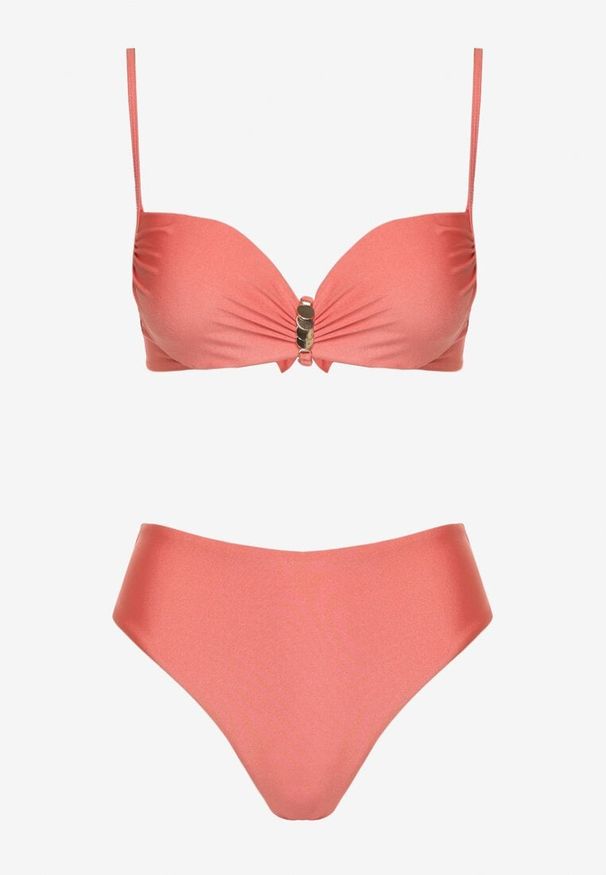 Born2be - Czerwone Bikini Biustonosz z Metaliczną Aplikacją i Majtki Figi Kinelisa. Kolor: czerwony. Wzór: aplikacja