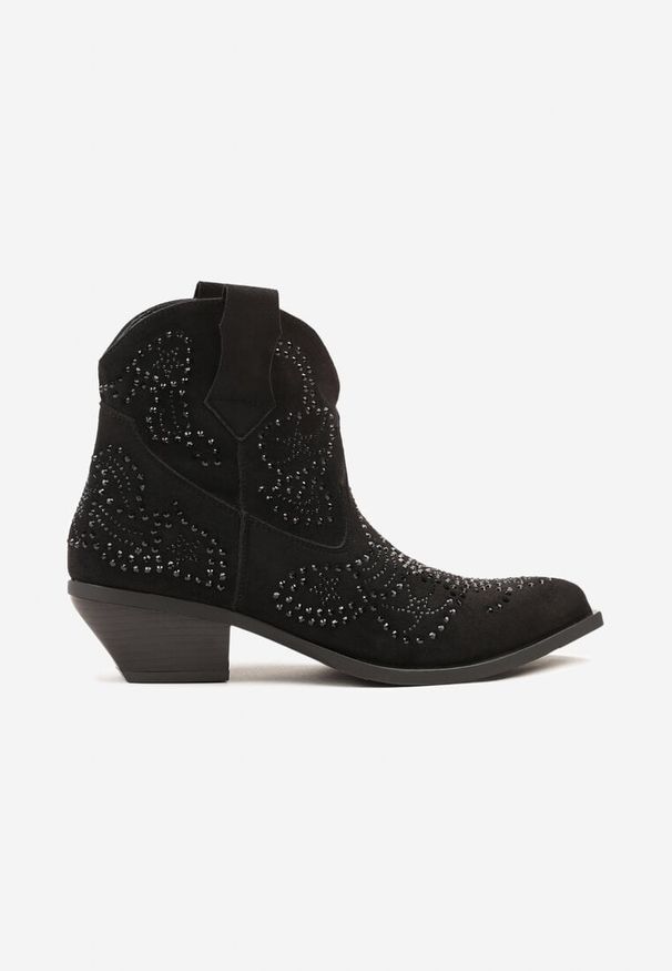 Born2be - Czarne Niskie Botki Kowbojki Zdobione Cyrkoniami Lannore. Okazja: na co dzień. Kolor: czarny. Materiał: jeans. Wzór: aplikacja. Sezon: zima, jesień. Styl: casual, klasyczny