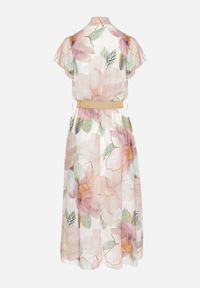 Born2be - Beżowa Sukienka o Rozkloszowanym Kroju z Wiązaniem przy Dekolcie i Paskiem Sorilina. Okazja: na co dzień. Kolor: beżowy. Długość rękawa: krótki rękaw. Wzór: kwiaty. Styl: casual, elegancki #5