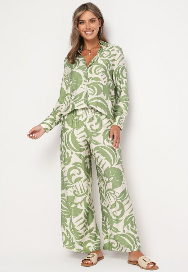 Born2be - Zielony Wiskozowy Komplet Koszula z Długim Rękawem i Szerokie Spodnie Xiseria. Kolor: zielony. Materiał: wiskoza